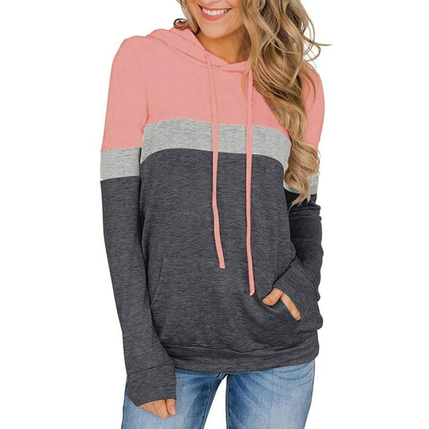 Womens Color Block Hoodie Long Sleeve Drawstring Pullover Sweatshirt With Pocket
